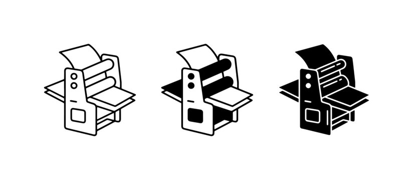 Printing Press Icons, Vintage Offset Machine Graphics, Industrial Equipment Vector Set