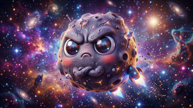 Angry cartoon asteroid with big eyes floats in colorful starry galaxy background with nebulae and distant stars visible