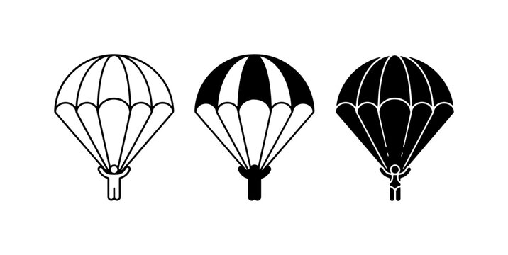 Parachute Icons Set, Skydiving Vector Graphics, Adventure Sport Symbols, Black and White Illustration Collection