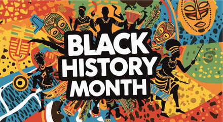 Obraz premium Vibrant Black History Month celebration background with traditional African patterns and silhouettes in colorful eclectic style for social media