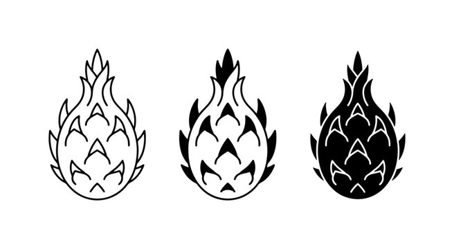 Dragon Fruit Icons Set, Pitaya Vector Graphics, Tropical Exotic Fruit Illustrations, Outline and Silhouette Styles