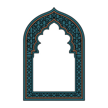Decorative arch frame with intricate geometric pattern in teal and orange colors for traditional middle eastern cultural design and architecture templates isolated on transparent background