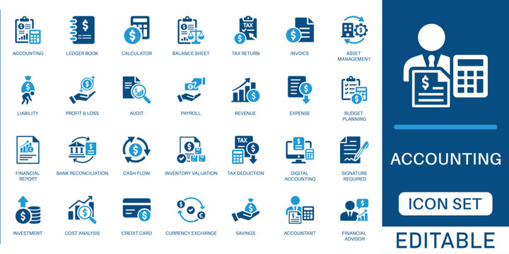 Accounting and financial management icon set. featuring bookkeeping, auditing, tax filing, accountant and budget planning symbols in a clean blue flat design.