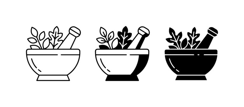 Mortar and Pestle Icons: Herbal Medicine, Aromatherapy, and Natural Remedies Set