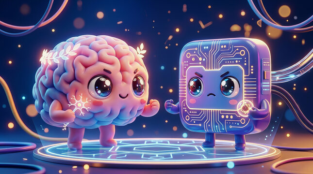 Cute anthropomorphic brain and computer chip characters stand together on a glowing digital platform surrounded by abstract data streams and particles in a futuristic tech environment.