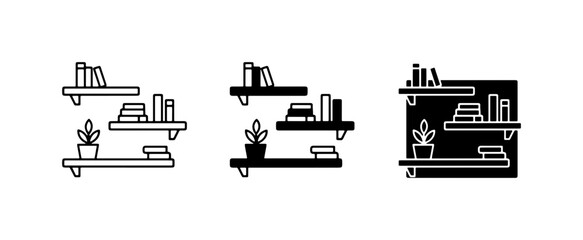 Vector Icons: Bookshelves with Books and Potted Plant, Minimalist Line Art and Silhouette Styles for Interior Design and Decor Concepts © Tanzila