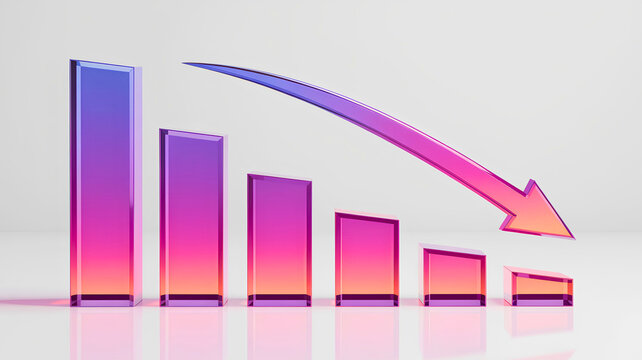 Vibrant 3D render illustrating a financial downturn or economic recession with a gradient bar chart showing decreasing values and a prominent downward arrow