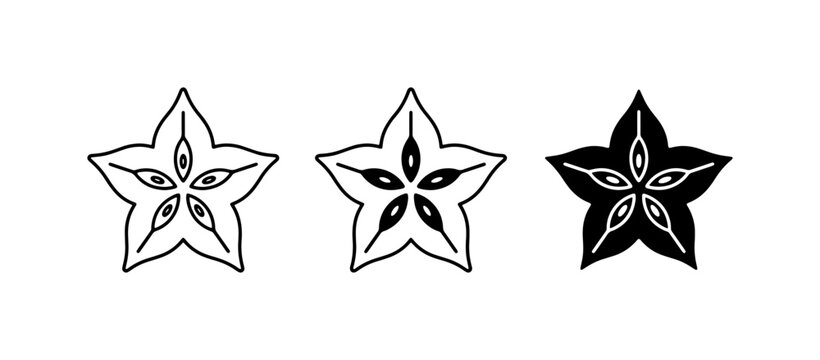 Star Fruit Icons, Carambola Vector Graphics, Tropical Fruit Symbols, Healthy Food Illustrations, 3 Variations