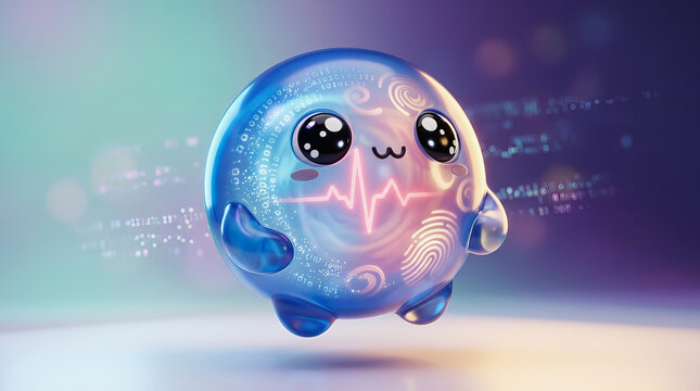 Cute blue digital robot character with glowing heart monitor line and fingerprint icon on futuristic tech background