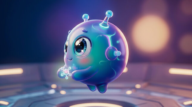 Cute blue cartoon virus character with glowing eyes and spikes floating in futuristic sci fi laboratory environment with bokeh lights