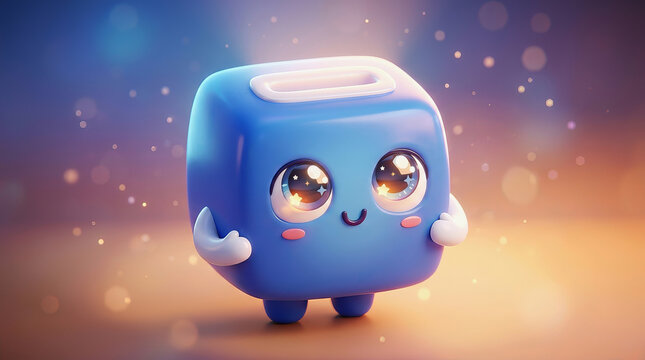 Cute blue cube character with big eyes and small arms stands against a soft bokeh background with glowing particles.