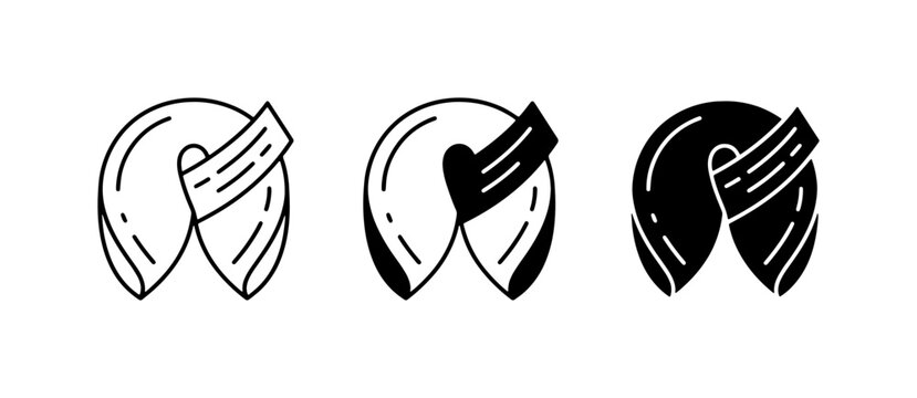 Fortune Cookie Icons, Set of 3, Outline and Solid Styles, Asian Food Symbol, Vector Graphics for Prediction and Luck