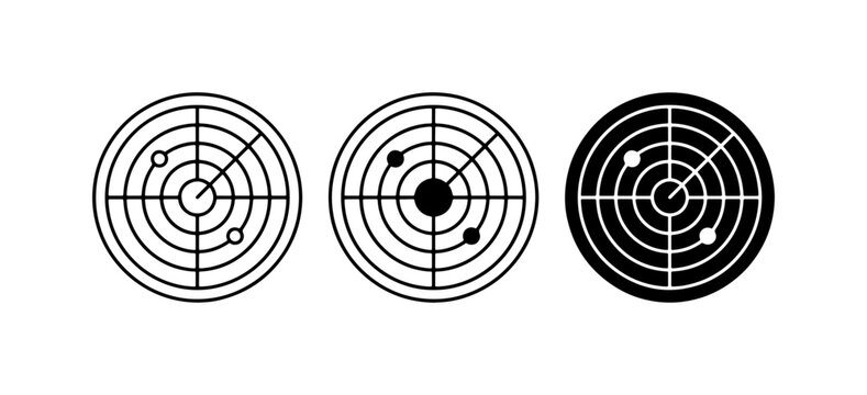 Radar Icons Set, Detection Display, Navigation System, Target Tracking, Search Technology, Signal Monitoring, Vector Graphics