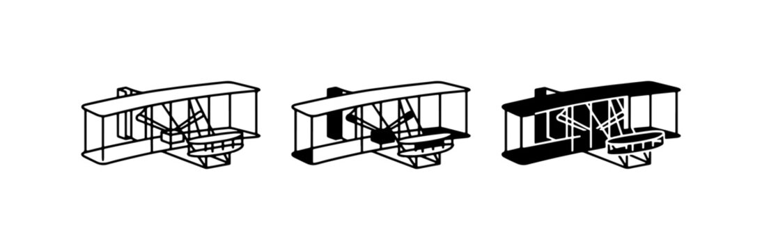 Vintage Wright Flyer Aircraft Set, Early Aviation Icons, Retro Biplane Vector Graphics, Historical Flight Collection