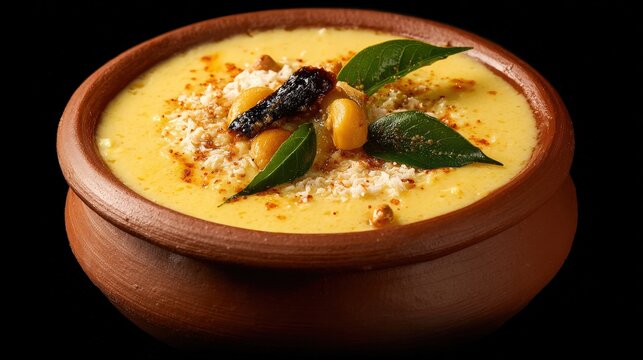 Traditional Indian kadhi served in a clay bowl is garnished with fresh curry leaves and toasted nuts.