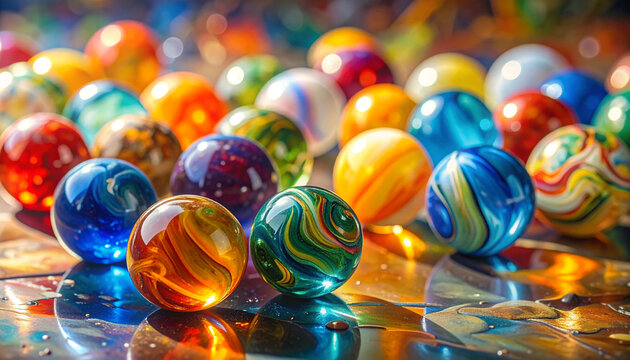 Colorful marbles close up with a reflective surface abstract background
