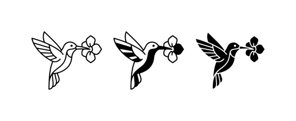 Hummingbird Vector Icons, Delicate Bird Silhouettes with Flowers, Minimalist Nature Graphics, Set of Three © Mim