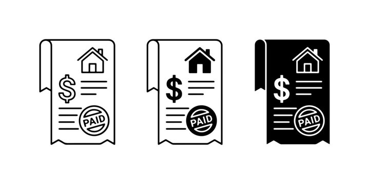 Home Payment Receipt Icons, Property Bill Paid Stamps, Financial Transaction Vector Set