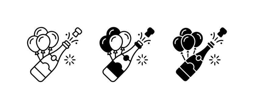 Champagne Bottle Popping Cork, Festive Balloons, Celebration Icons Set, Sparkling Wine Toast, Party Vector Graphics