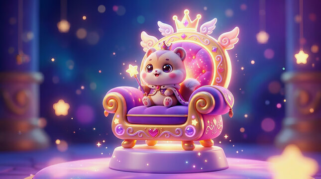 Cute cartoon bear sits on a magical purple throne with glowing crown in a fantasy castle setting with sparkles and stars.