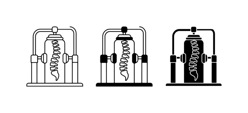 Chiropractic Spine Adjustment Machine Vector Icons, Spinal Decompression Therapy Equipment, Vertebrae Alignment Tools
