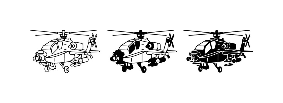 Attack Helicopter Vector Icons, Military Aircraft Silhouettes, Combat Rotorcraft Graphics for Defense and Aviation Concepts