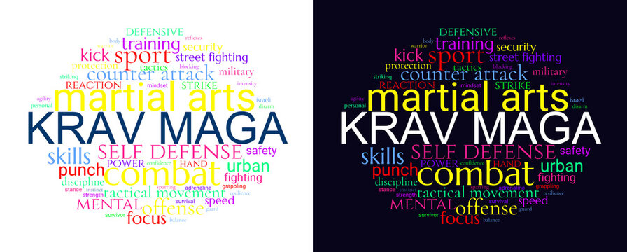 Krav Maga martial arts in word cloud with key terms infographic, transparent and dark backgrounds