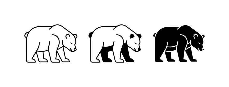 Bear Icons Set, Minimalist Animal Graphics, Vector Illustrations of Ursine Wildlife, Simple Black and White and Silhouette Styles