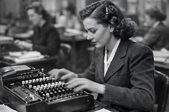 Focused Woman Operating Vintage Calculating Machine in Busy Office