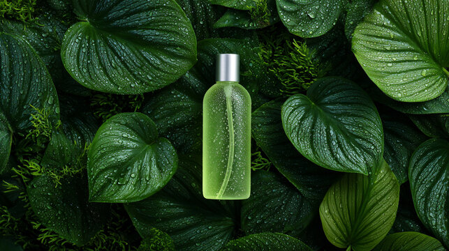 A vibrant green bottle of natural product sits atop lush green leaves, showcasing a perfect blend of beauty and nature, ideal for eco-friendly and organic branding.