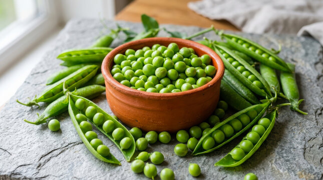 A clay bowl filled with fresh green peas surrounded by open and closed pea pods on a rustic stone surface
