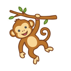 Obraz premium Monkey hanging from branch with green leaves on white background