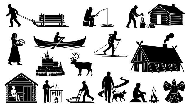 Collection of black silhouettes depicting Nordic and Sami culture, traditional winter activities, and northern lifestyle elements like ice fishing, skiing, reindeer, and traditional dwellings.