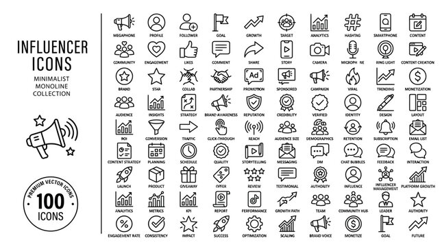 100 minimalist monoline_vector, icons sheet,  Influencer Marketing Icons Set, Social Media Metrics Monoline Vector, Digital Branding Growth Strategy Symbols