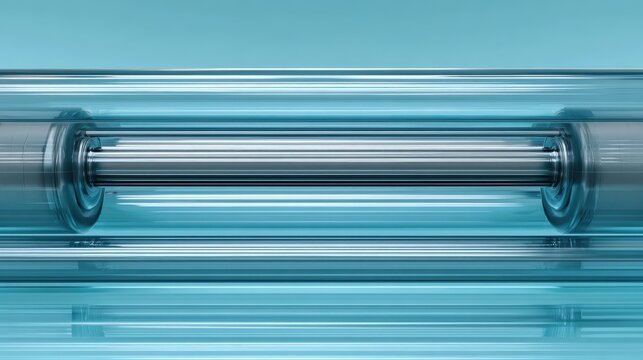Metallic cylinder sits encased within clear glass tubes against a blue background.