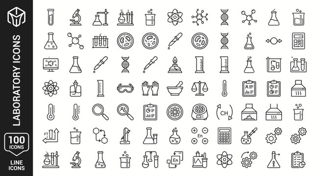 100 minimalist monoline_vector, icons sheet,  Laboratory Icons Set Chemistry Science Research Symbols Biology Medical Equipment Outline Vector Graphics for Biotech