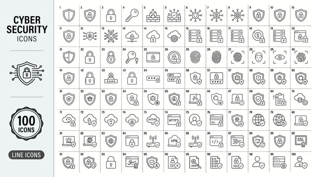 100 minimalist monoline_vector, icons sheet,  Cyber Security Icons Set Data Protection Network Privacy Information Safety Line Vector