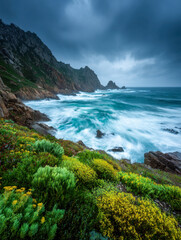 Fototapeta premium Stormy rocky coastline with vibrant green and yellow coastal vegetation overlooking powerful waves crashing under dramatic cloudy sky