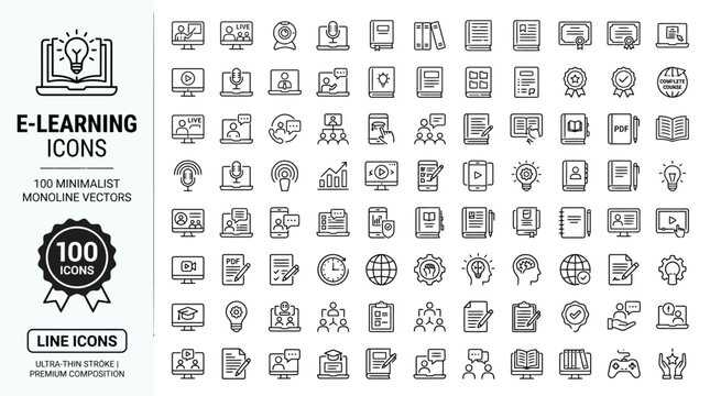100_minimalist_monoline_vector_icons,  100 E-Learning Icons Set, Online Education Vector Symbols, Minimalist Monoline Distance Learning EdTech Graphics