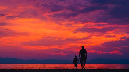 Fototapeta premium Father and son silhouettes walking on beach at sunset with vibrant colorful sky