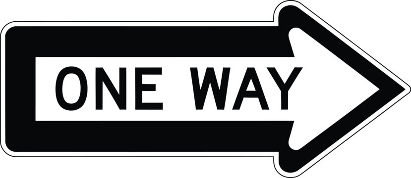 Black and white one way directional street sign with single direction, road sign