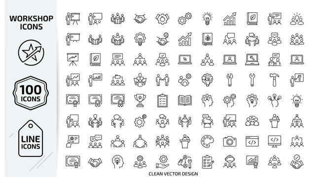 100_minimalist_monoline_vector_icons,  Workshop Icons Set Business Training Seminar Presentation Symbols Corporate Education Professional Development Management Vector Line Art
