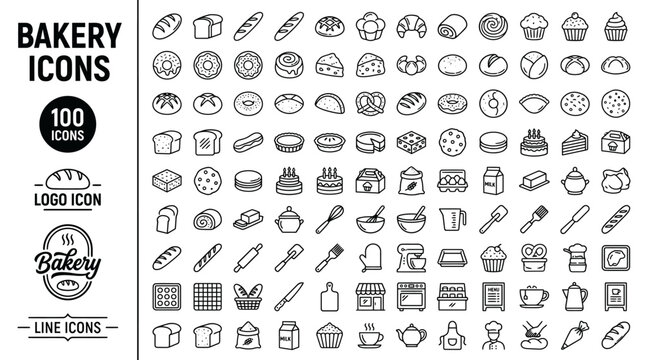 100_minimalist_monoline_vector_icons,  Bakery Icons Set, 100 Minimalist Line Art Bread Pastry and Baking Tools Symbols for Restaurant Menu and Branding