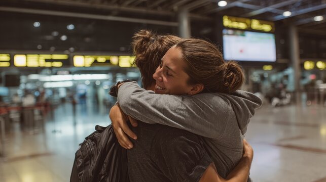 Two people share a warm embrace while standing inside a busy terminal.