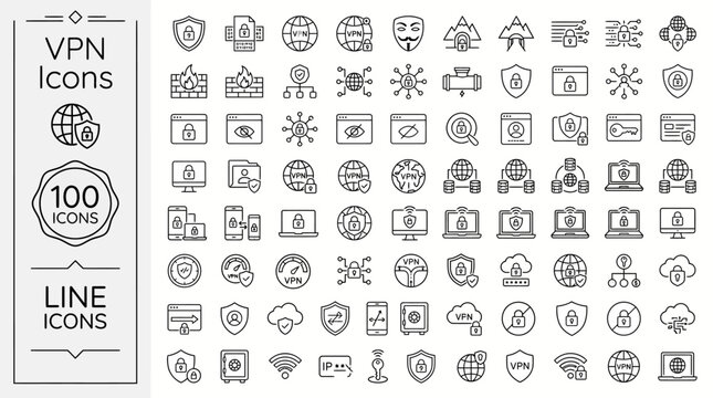 100_minimalist_monoline_vector_icons,  VPN Icons Set Cybersecurity Line Graphics Virtual Private Network Symbols Data Privacy Web Protection Outline Icons