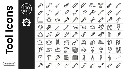 Obraz premium 100_minimalist_monoline_vector_icons, 100 Construction Tools Line Icons Set - Hand Tools, Power Equipment, Hardware and Home Repair Vector Illustration