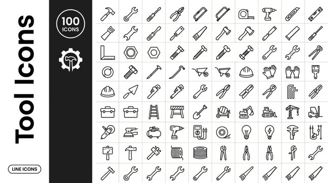 100_minimalist_monoline_vector_icons,  100 Construction Tools Line Icons Set - Hand Tools, Power Equipment, Hardware and Home Repair Vector Illustration
