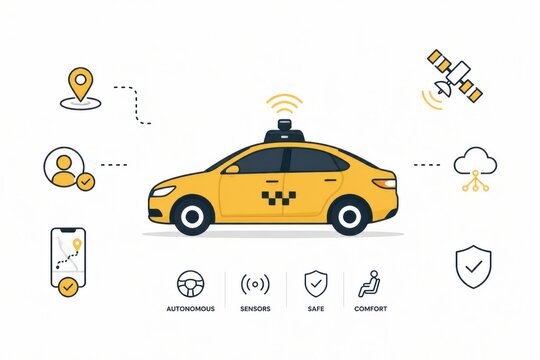 Autonomous electric taxi concept with connected navigation sensors cloud communication and urban mobility technology