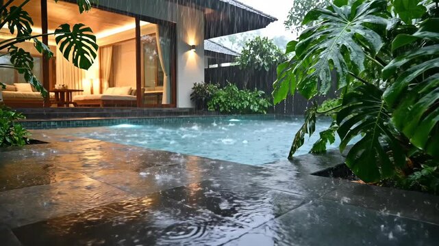 Modern patio with pool in rain, surrounded by lush greenery and lit interior view, evoking tranquility