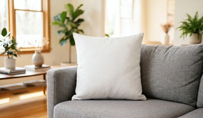 Fototapeta premium Blank white throw pillow mockup resting on a modern grey sofa